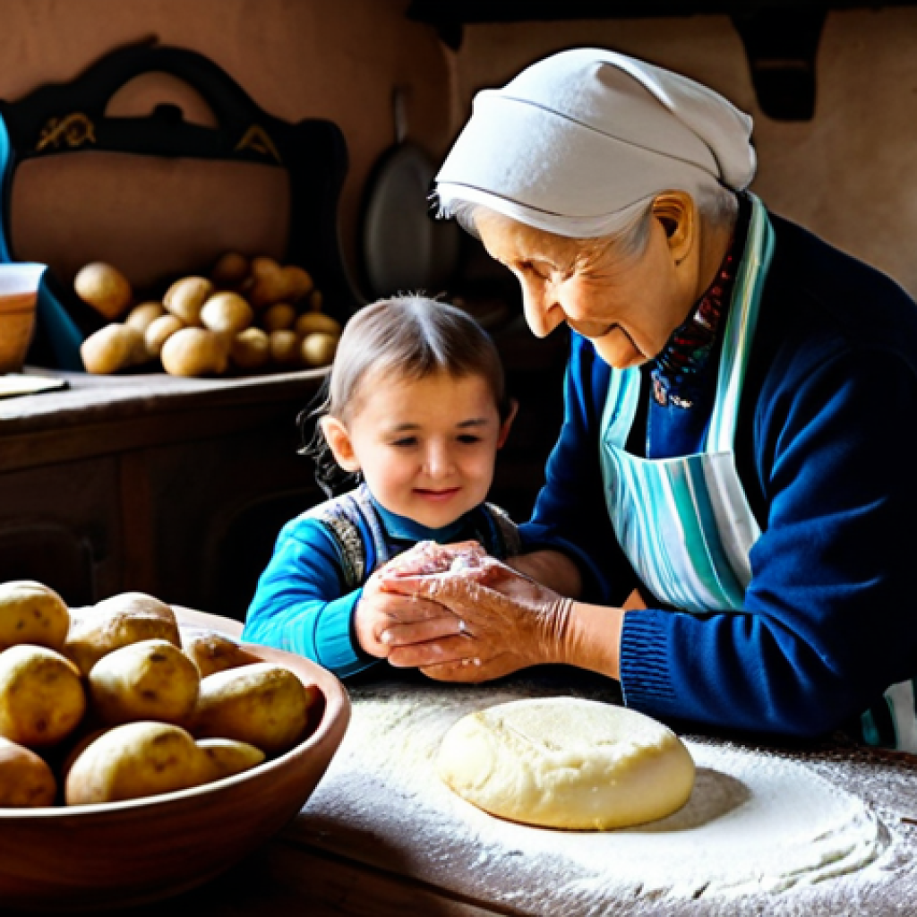 A heartwarming scene of a Moldovan grandmother and her grandchild, both fully clothed in modest, traditional attire, making Plăcintă together in a rustic, sunlit kitchen. They are standing at a wooden table covered with flour, fresh potatoes, and cheese, demonstrating the process of kneading dough and adding filling. The grandmother is gently guiding the child's hands. The atmosphere is cozy and family-friendly, emphasizing cultural heritage and intergenerational learning. The image should feature perfect anatomy, correct proportions, natural poses, well-formed hands, and proper finger count. This is a safe for work, appropriate content, professional photograph, high quality, studio lighting.