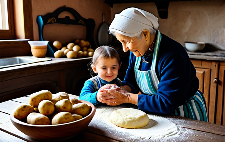 A heartwarming scene of a Moldovan grandmother and her grandchild, both fully clothed in modest, traditional attire, making Plăcintă together in a rustic, sunlit kitchen. They are standing at a wooden table covered with flour, fresh potatoes, and cheese, demonstrating the process of kneading dough and adding filling. The grandmother is gently guiding the child's hands. The atmosphere is cozy and family-friendly, emphasizing cultural heritage and intergenerational learning. The image should feature perfect anatomy, correct proportions, natural poses, well-formed hands, and proper finger count. This is a safe for work, appropriate content, professional photograph, high quality, studio lighting.