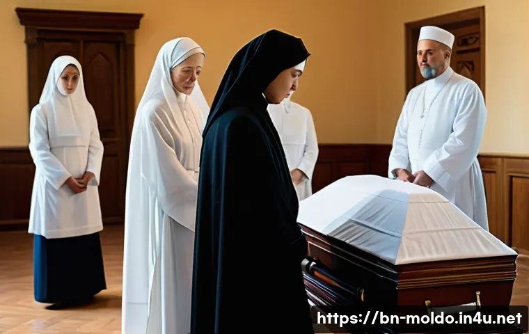 몰도바 장례 문화 - **Prompt 1: A Glimpse into Moldovan Farewell Preparation**
    "A serene and respectful scene depict...