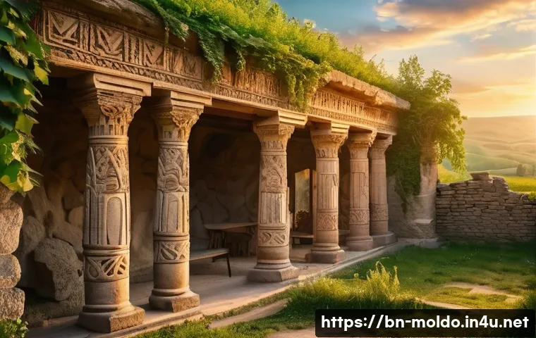 몰도바 올드오르헤이 유적지 - A breathtaking ancient Moldovan stone architecture site during golden hour, showcasing intricately c...