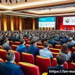 Home 21 몰도바의 한국 기업 진출 - A vibrant business conference scene in Moldova, featuring diverse young entrepreneurs and foreign in...