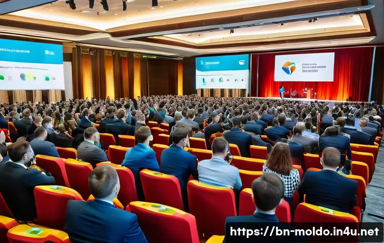 몰도바의 한국 기업 진출 - A vibrant business conference scene in Moldova, featuring diverse young entrepreneurs and foreign in...