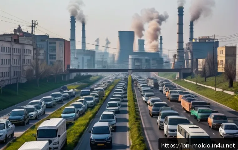 몰도바 대기오염 상황 - A detailed urban scene in Chișinău, Moldova during rush hour, showing heavy traffic with numerous ve...
