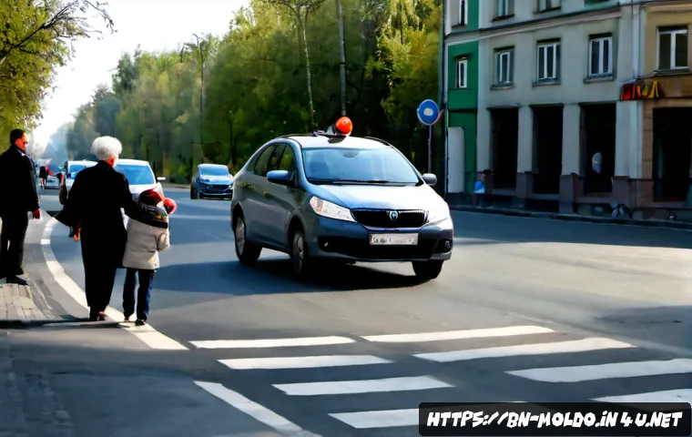 Home 17 몰도바 도로 교통법 - Photorealistic daytime street scene in Chisinau, Moldova, a compact family car stopped correctly at ...