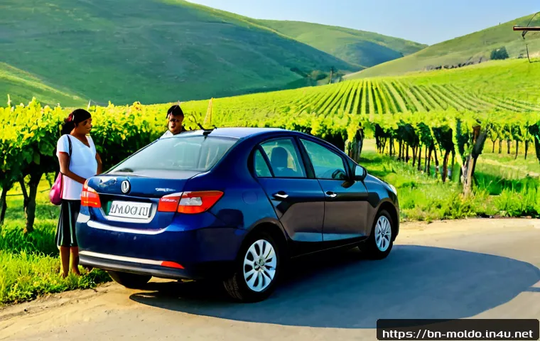 몰도바에서 자동차 렌트하기 - Photorealistic travel scene in Moldova, a compact rental car parked beside a peaceful vineyard road ...